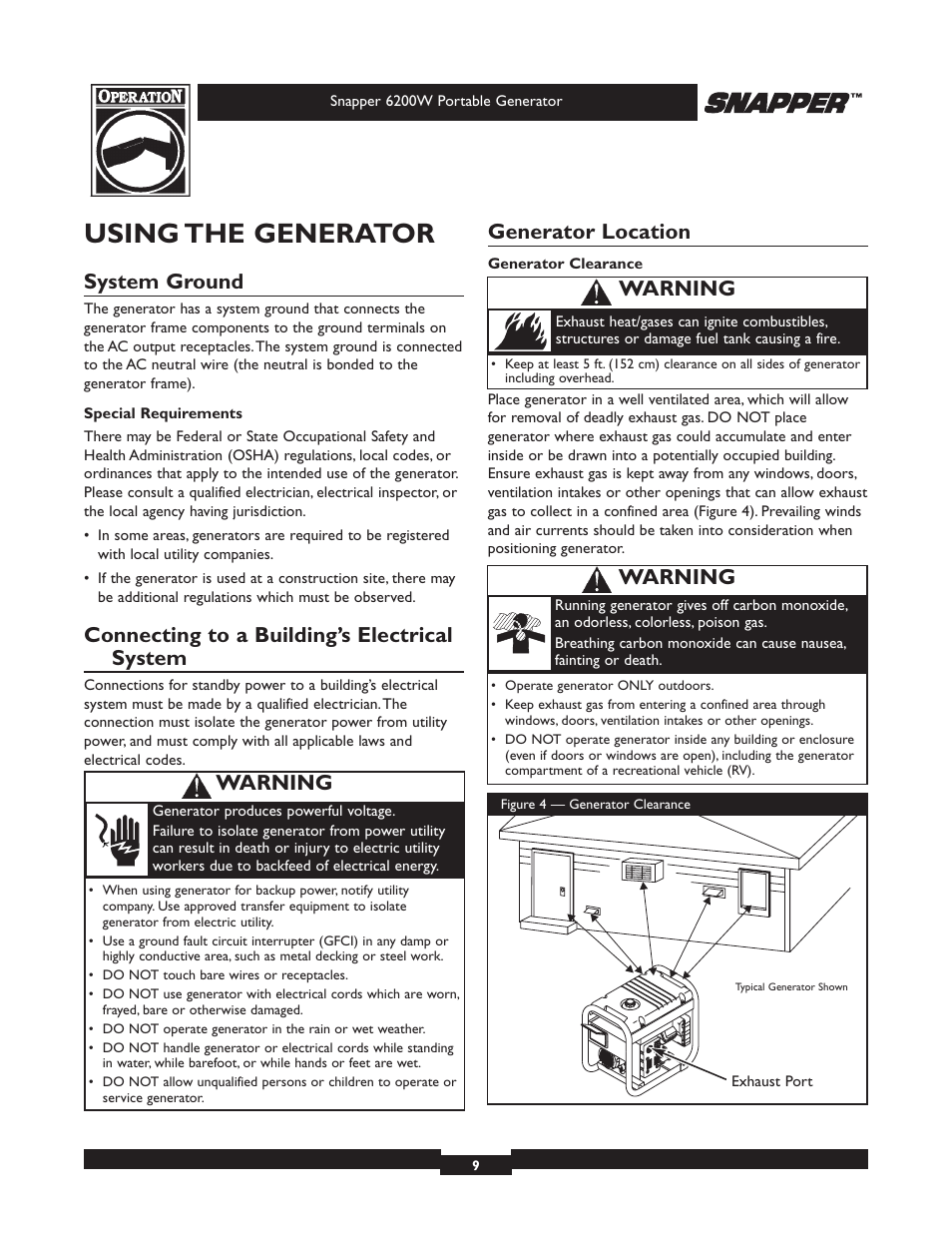 Using the generator, System ground, Connecting to a building’s electrical system | Generator location, Warning | Snapper 6200 User Manual | Page 9 / 32