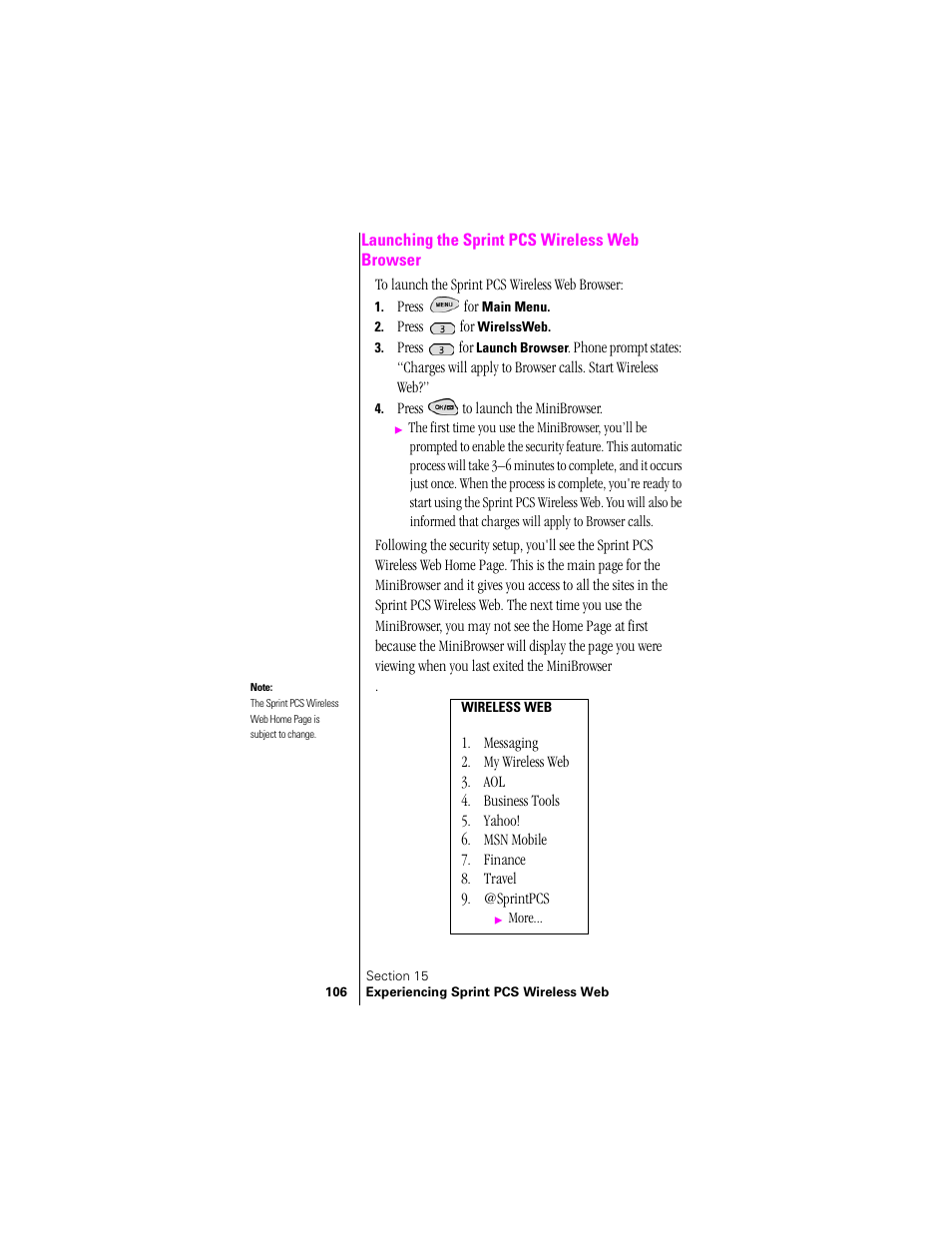 Launching the sprint pcs wireless web browser | Samsung SPH-N300 User Manual | Page 106 / 167