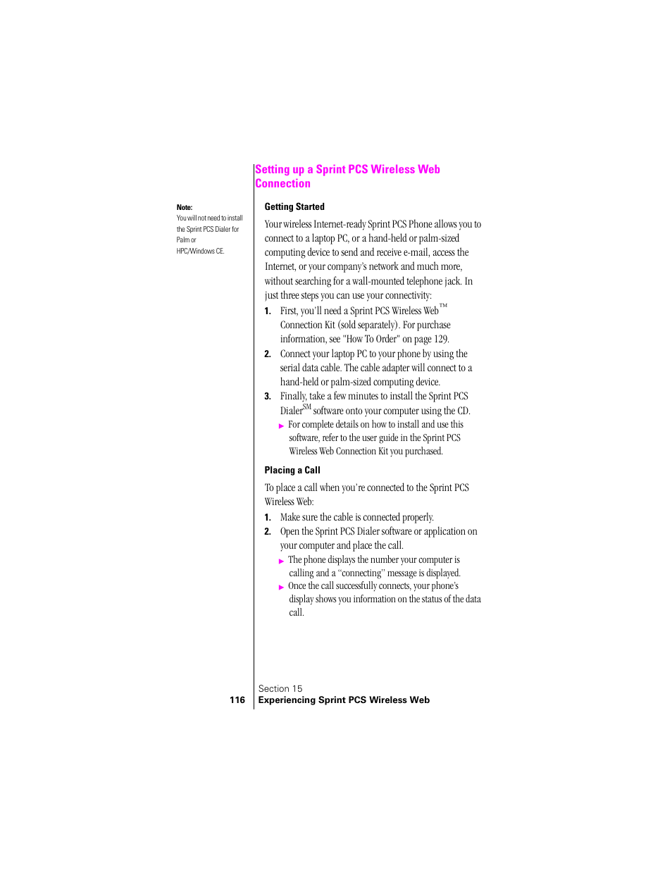 Setting up a sprint pcs wireless web connection, Getting started, Placing a call | Samsung SPH-N300 User Manual | Page 116 / 167