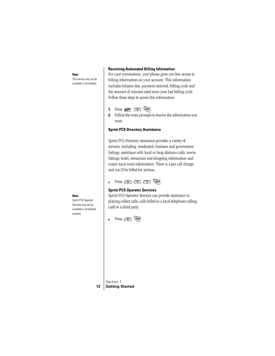 Receiving automated billing information, Sprint pcs directory assistance, Sprint pcs operator services | Samsung SPH-N300 User Manual | Page 12 / 167