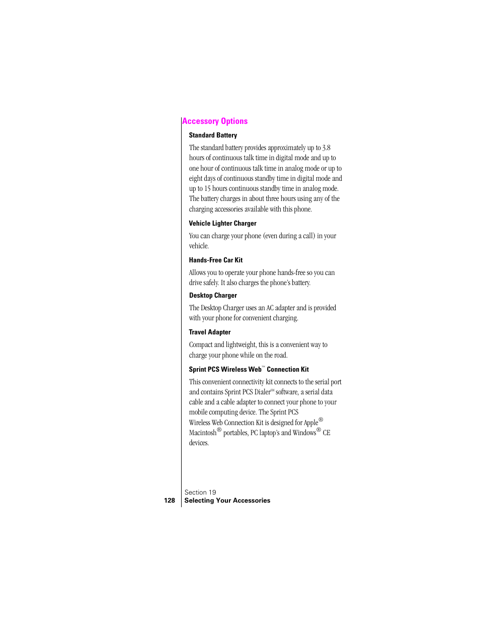 Accessory options, Standard battery, Vehicle lighter charger | Hands-free car kit, Travel adapter, Sprint pcs wireless web™ connection kit | Samsung SPH-N300 User Manual | Page 128 / 167