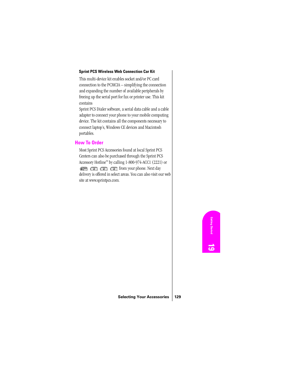 Sprint pcs wireless web connection car kit, How to order | Samsung SPH-N300 User Manual | Page 129 / 167