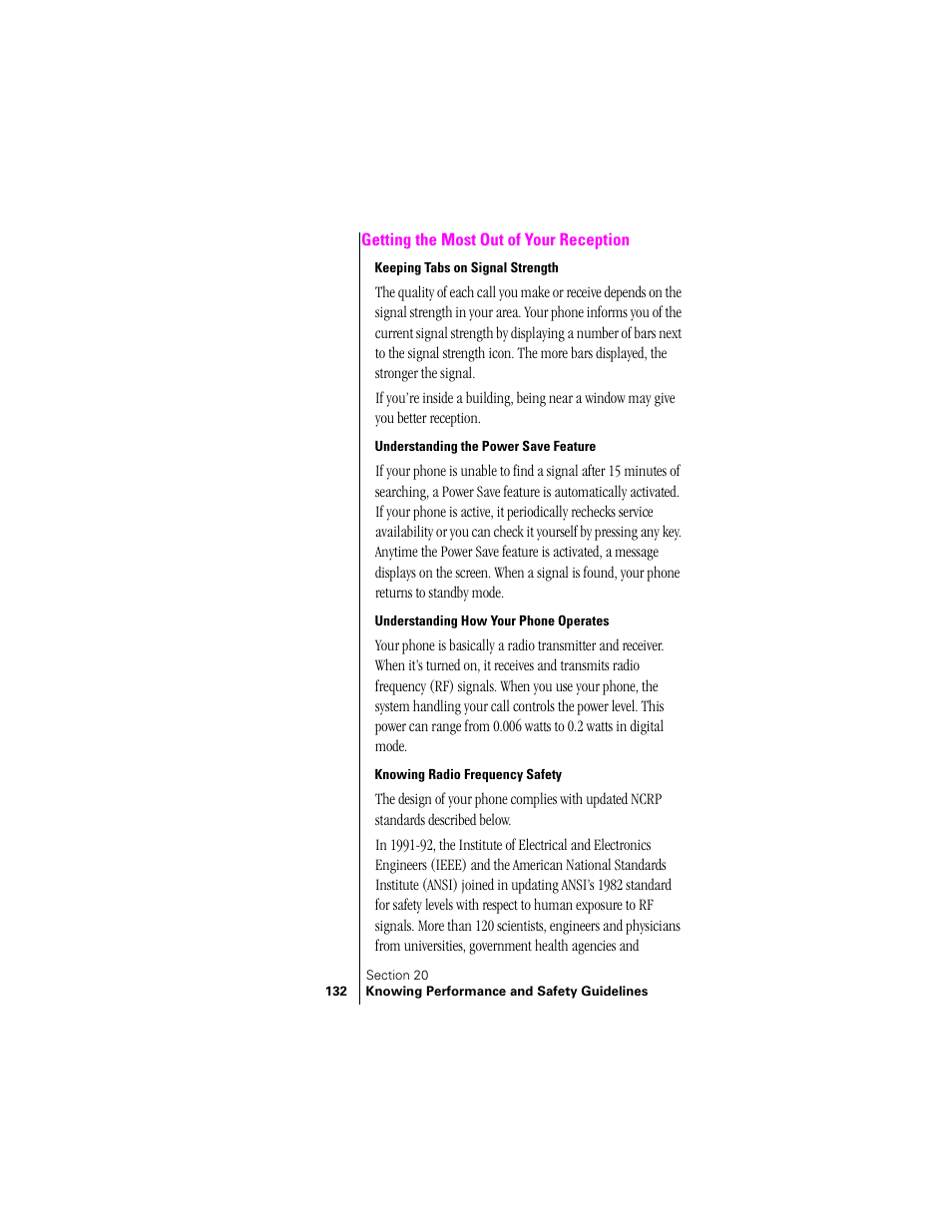 Getting the most out of your reception, Keeping tabs on signal strength, Understanding the power save feature | Understanding how your phone operates, Knowing radio frequency safety | Samsung SPH-N300 User Manual | Page 132 / 167