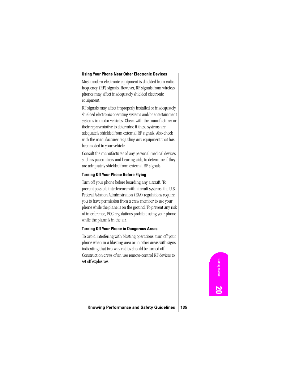 Using your phone near other electronic devices, Turning off your phone before flying, Turning off your phone in dangerous areas | Samsung SPH-N300 User Manual | Page 135 / 167