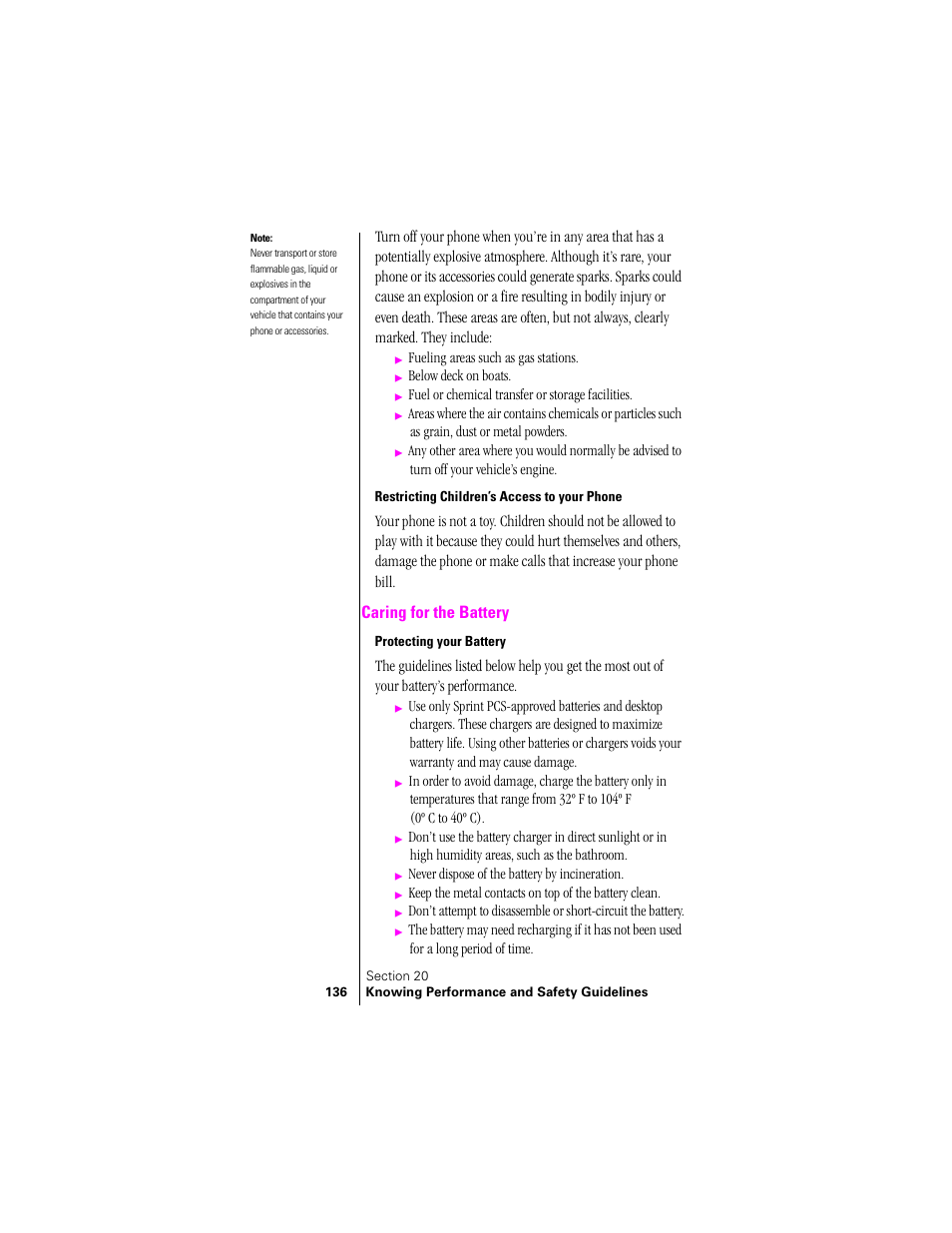 Restricting children’s access to your phone, Caring for the battery, Protecting your battery | Samsung SPH-N300 User Manual | Page 136 / 167