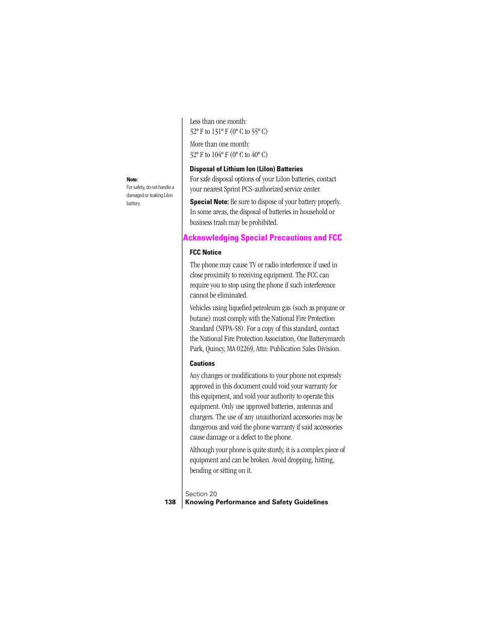 Disposal of lithium ion (liion) batteries, Acknowledging special precautions and fcc, Fcc notice | Cautions | Samsung SPH-N300 User Manual | Page 138 / 167