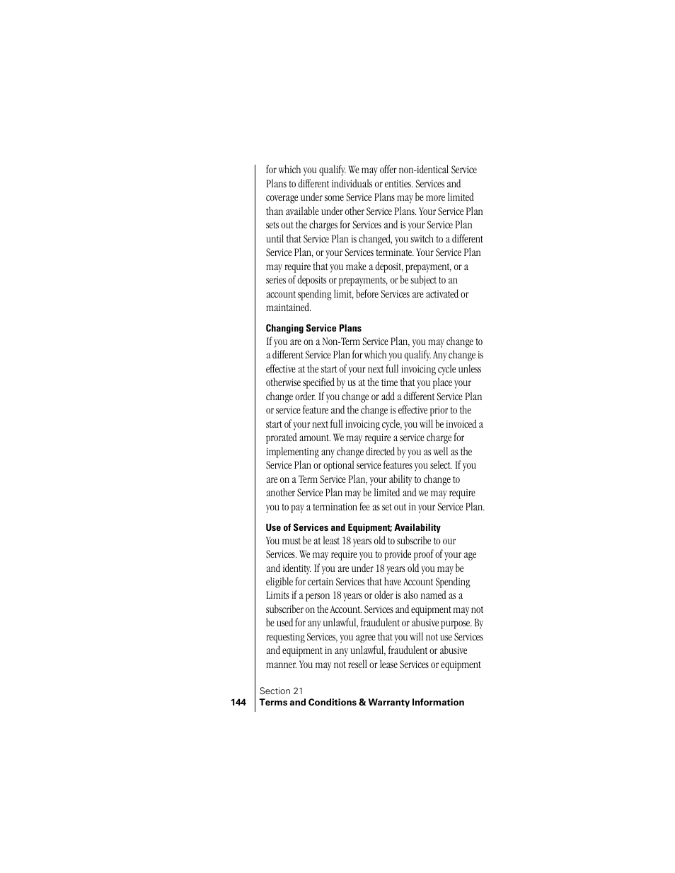 Changing service plans, Use of services and equipment; availability | Samsung SPH-N300 User Manual | Page 144 / 167