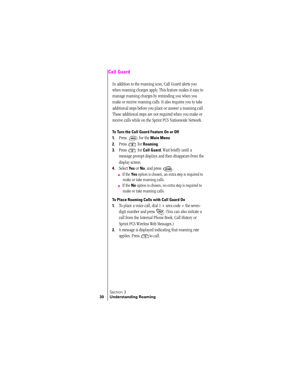 Call guard, To turn the call guard feature on or off, To place roaming calls with call guard on | Samsung SPH-N300 User Manual | Page 30 / 167