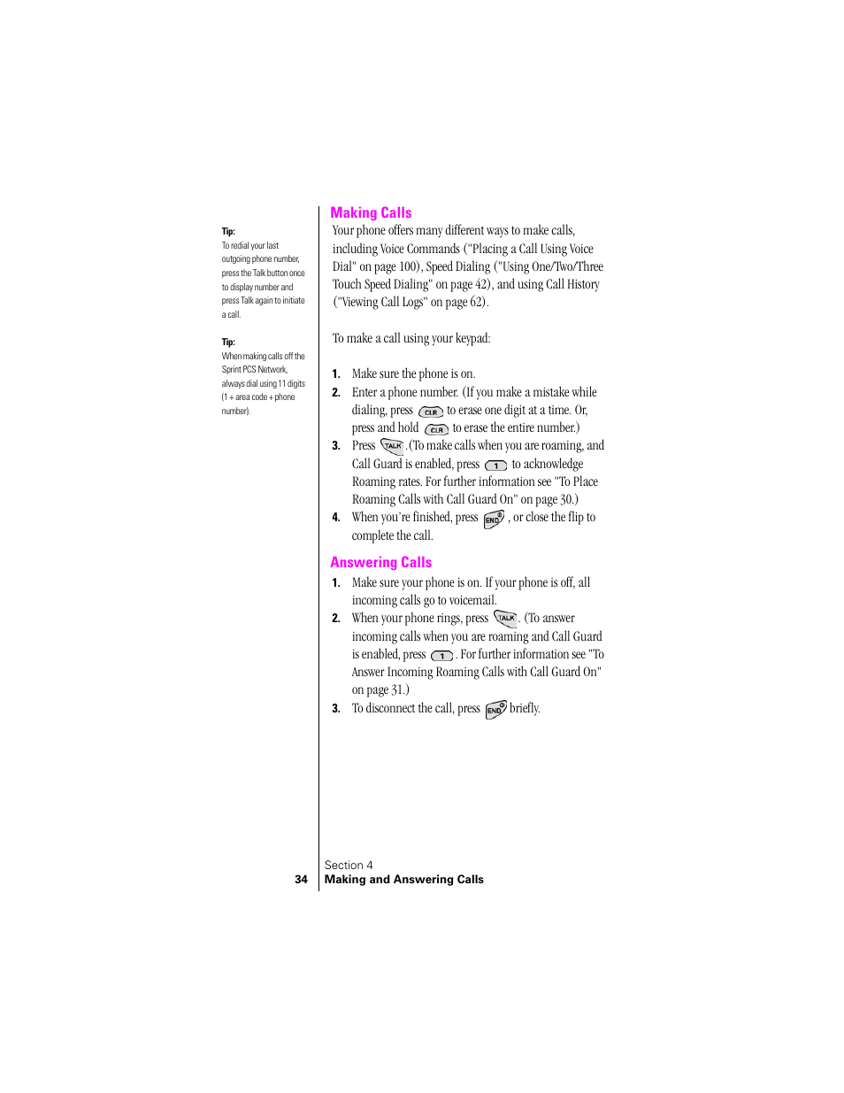 Making calls, Answering calls, Making calls answering calls | Samsung SPH-N300 User Manual | Page 34 / 167