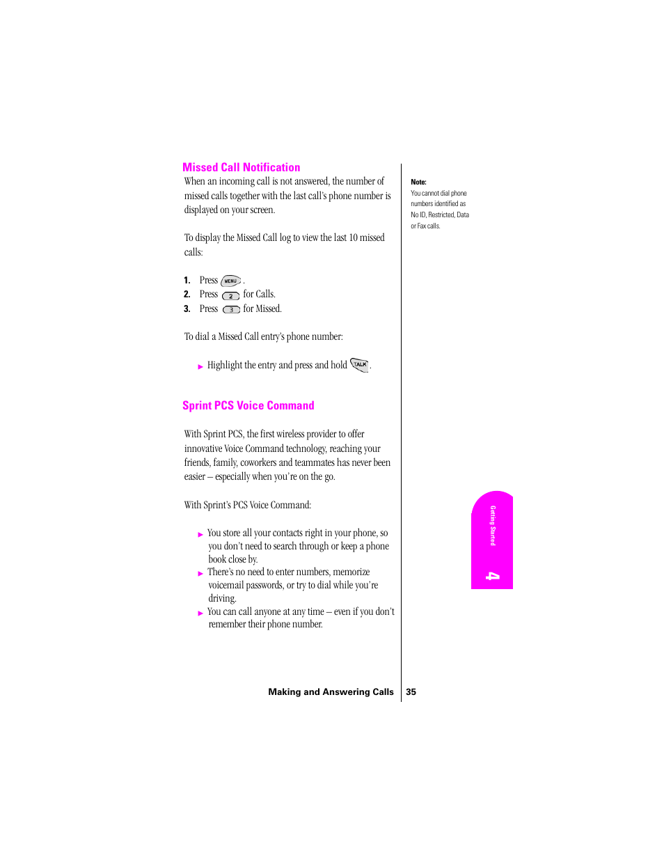 Missed call notification, Sprint pcs voice command, Missed call notification sprint pcs voice command | Samsung SPH-N300 User Manual | Page 35 / 167