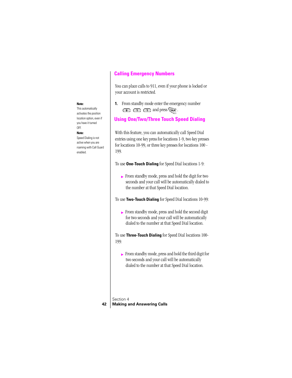 Calling emergency numbers, Using one/two/three touch speed dialing | Samsung SPH-N300 User Manual | Page 42 / 167