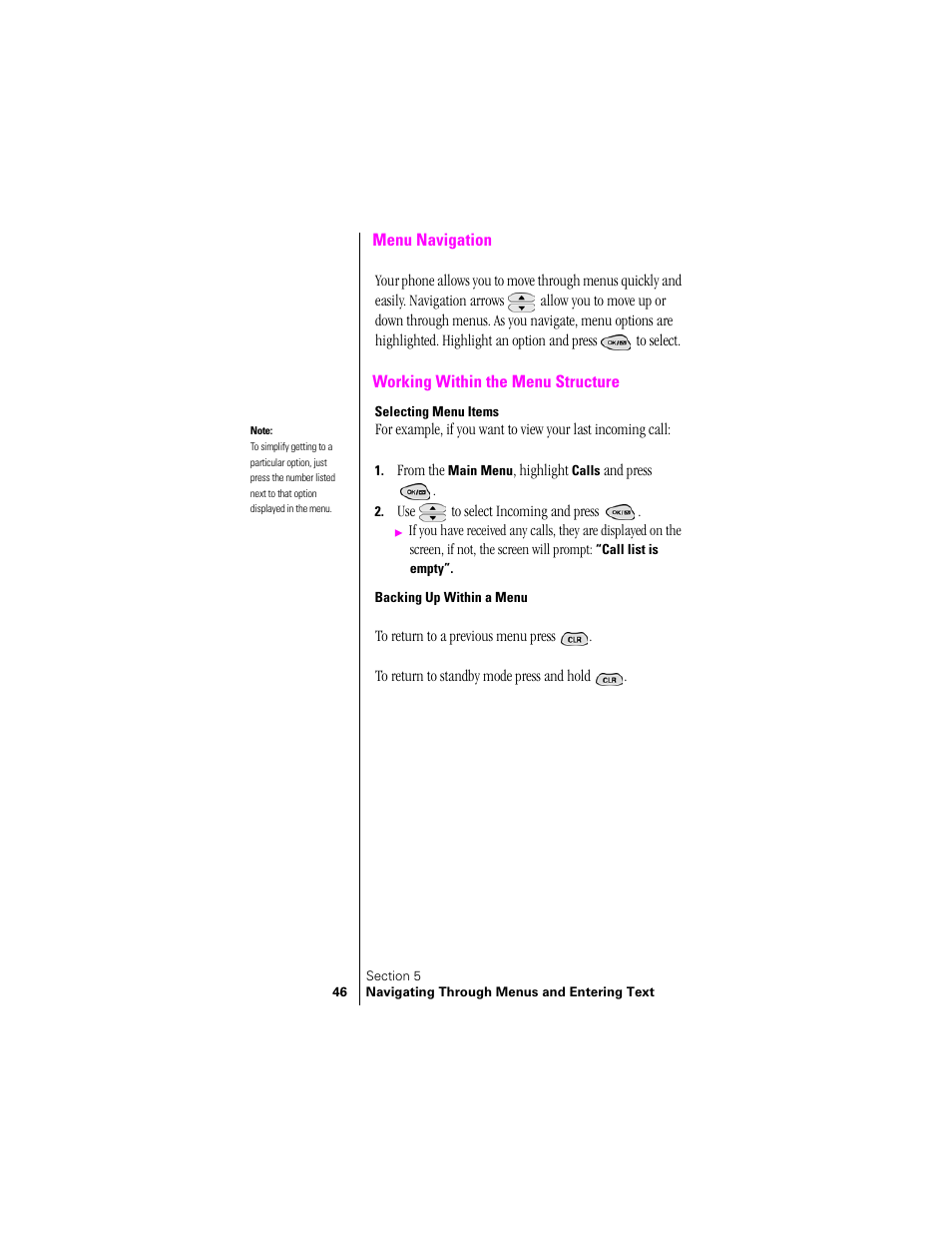 Menu navigation, Working within the menu structure, Selecting menu items | Backing up within a menu, Menu navigation working within the menu structure | Samsung SPH-N300 User Manual | Page 46 / 167