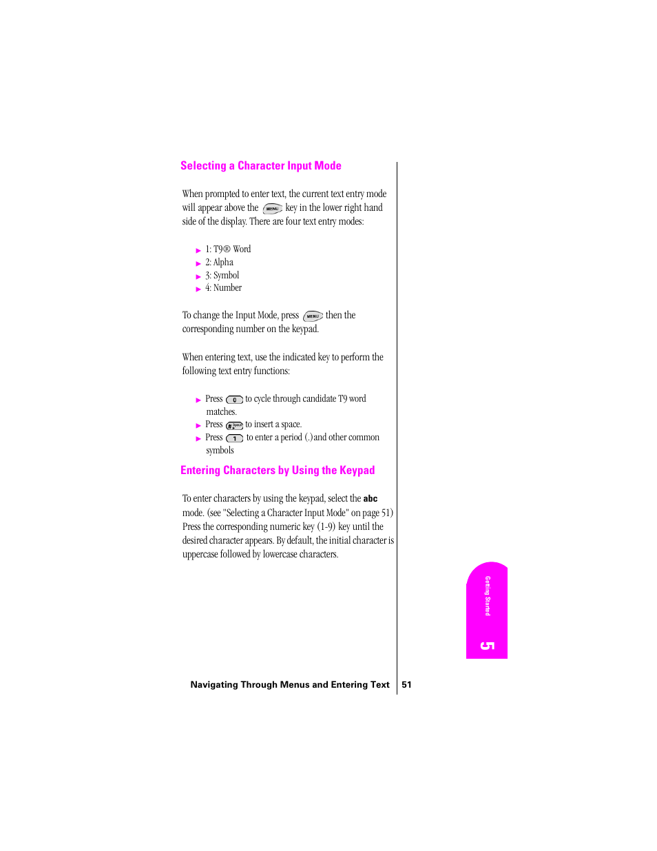 Selecting a character input mode, Entering characters by using the keypad | Samsung SPH-N300 User Manual | Page 51 / 167