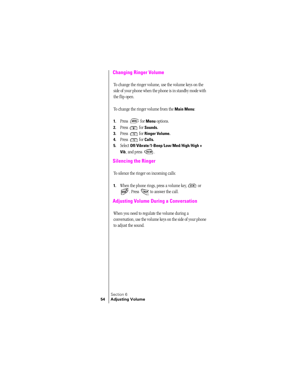 Changing ringer volume, Silencing the ringer, Adjusting volume during a conversation | Samsung SPH-N300 User Manual | Page 54 / 167