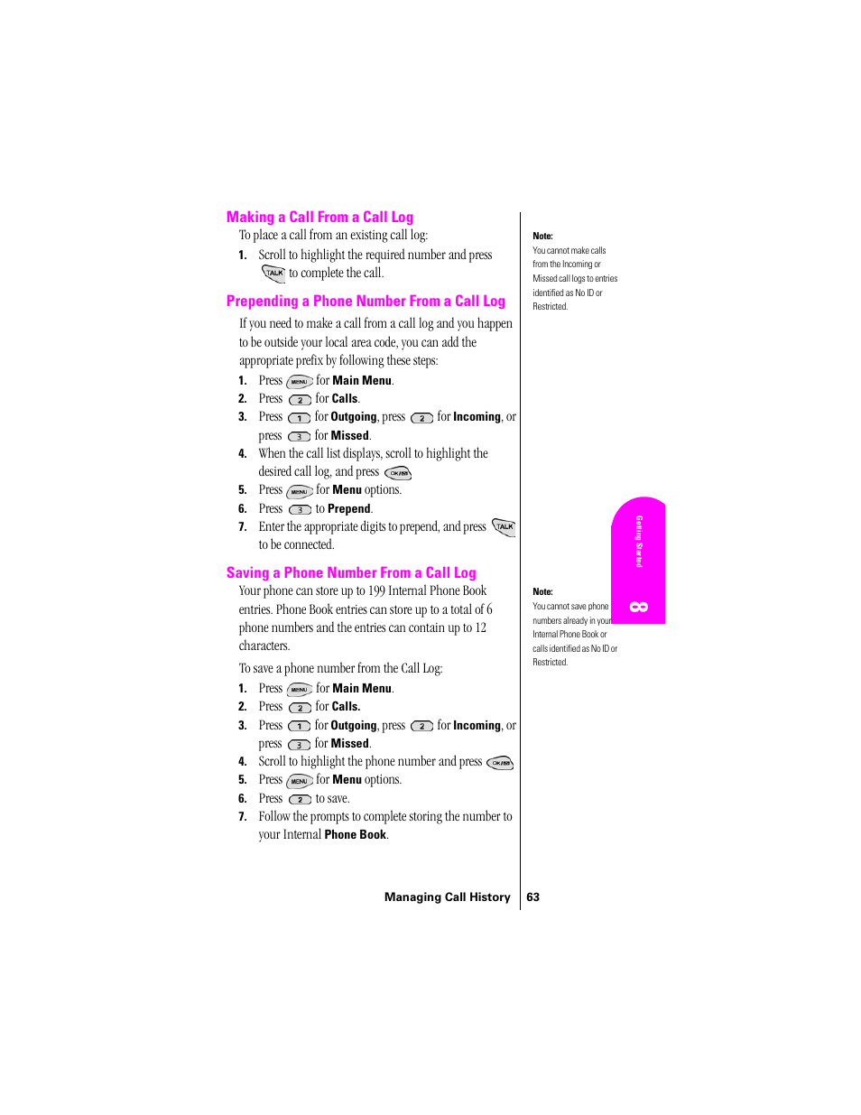 Making a call from a call log, Prepending a phone number from a call log, Saving a phone number from a call log | Samsung SPH-N300 User Manual | Page 63 / 167