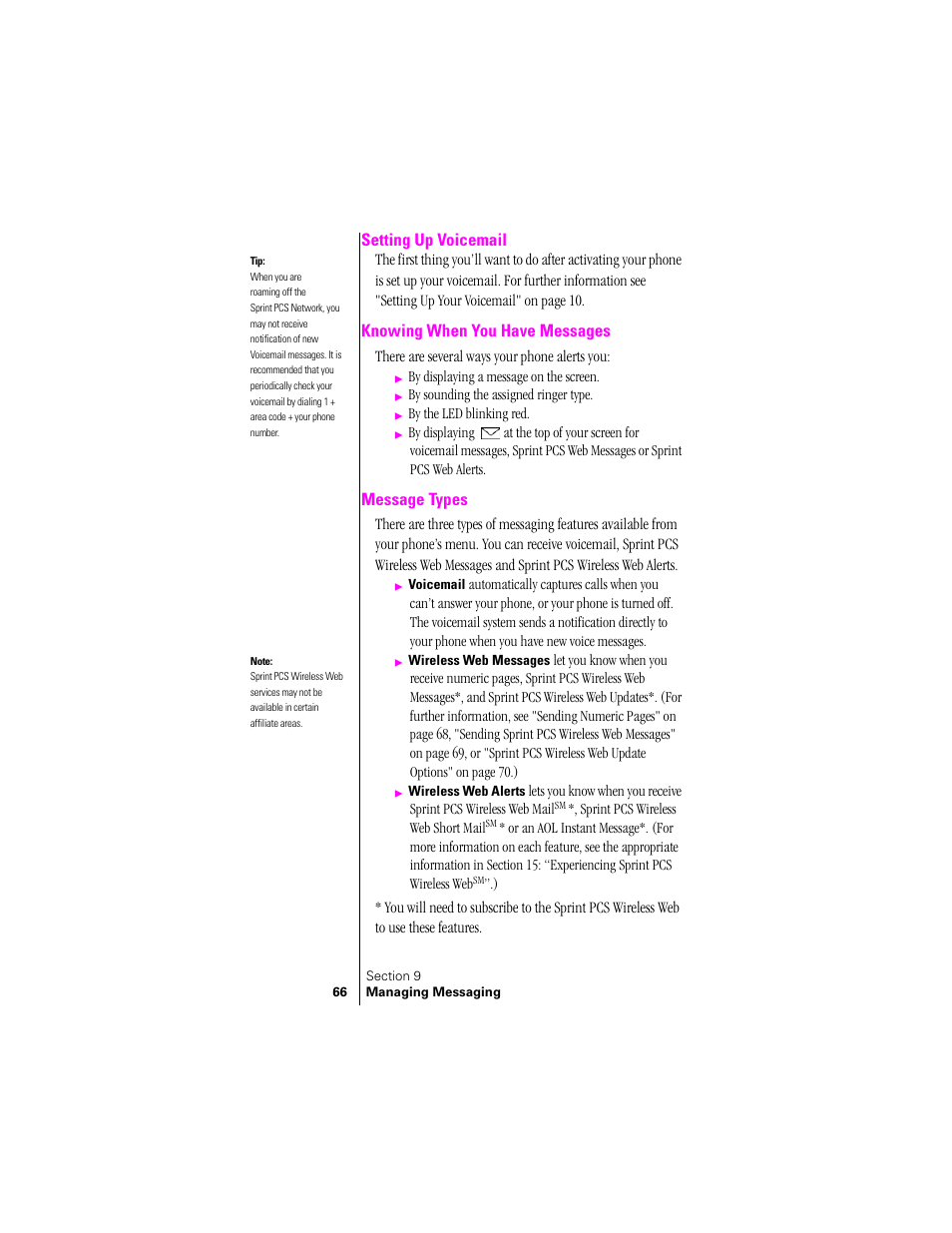 Setting up voicemail, Knowing when you have messages, Message types | There are several ways your phone alerts you | Samsung SPH-N300 User Manual | Page 66 / 167