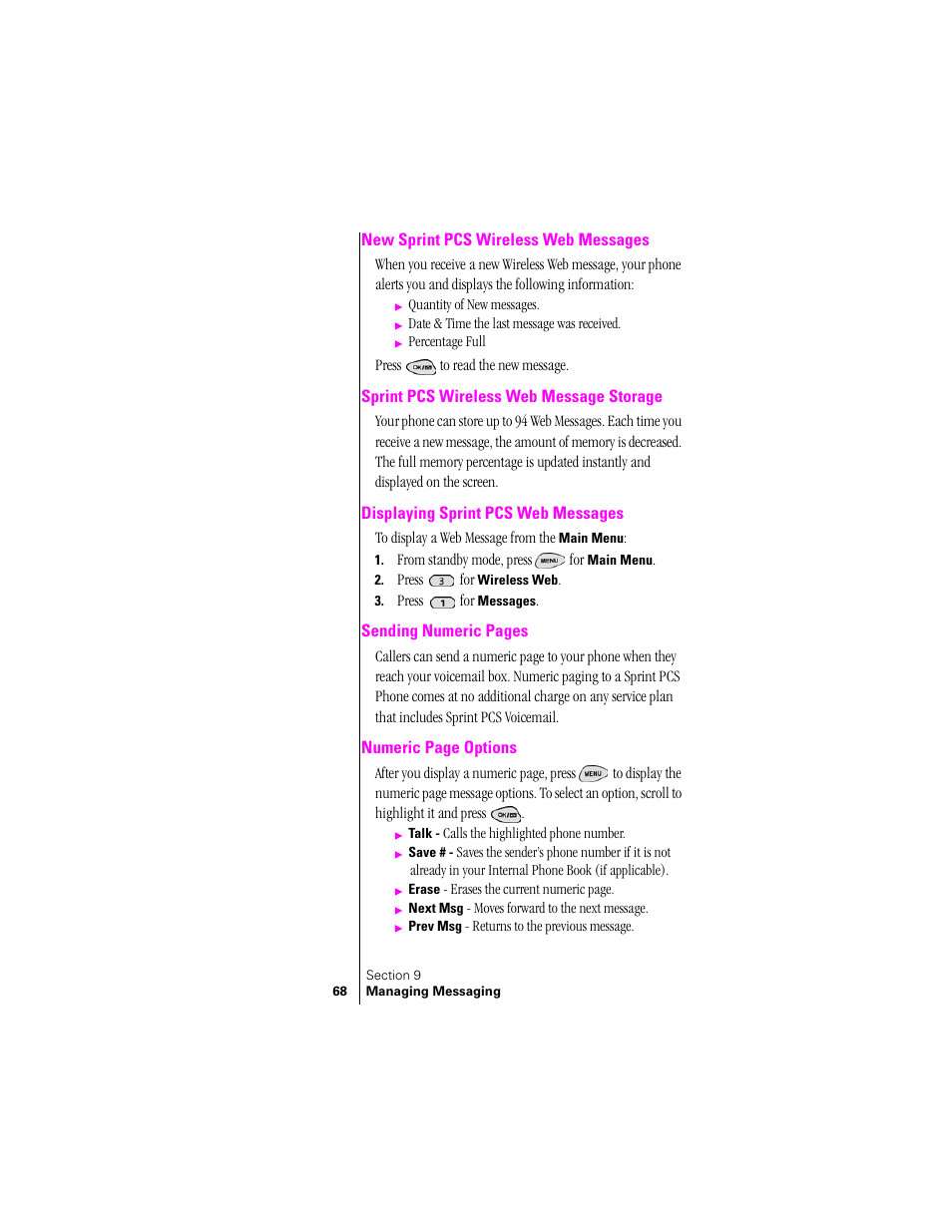 New sprint pcs wireless web messages, Sprint pcs wireless web message storage, Displaying sprint pcs web messages | Samsung SPH-N300 User Manual | Page 68 / 167