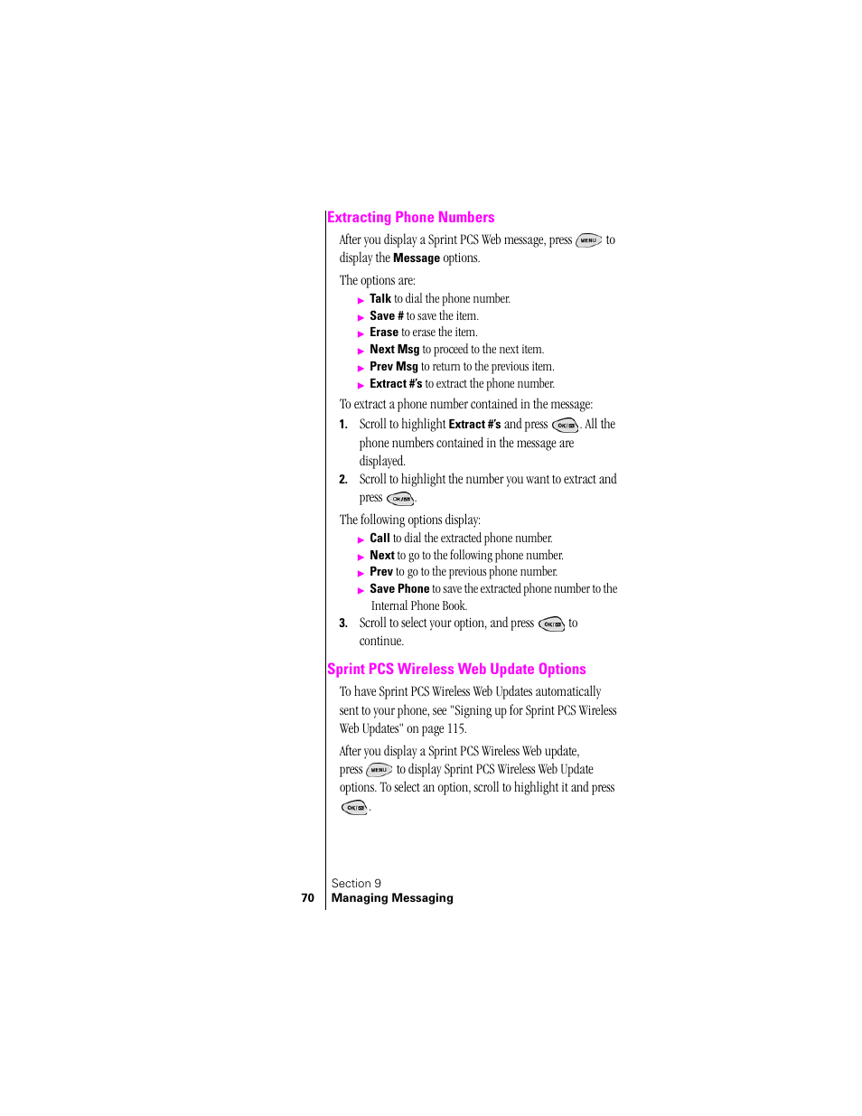 Extracting phone numbers, Sprint pcs wireless web update options | Samsung SPH-N300 User Manual | Page 70 / 167