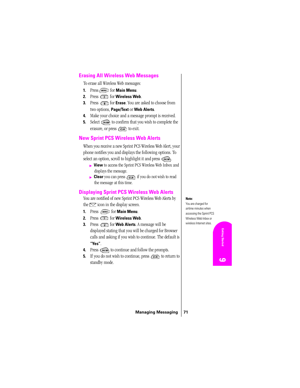 Erasing all wireless web messages, New sprint pcs wireless web alerts, Displaying sprint pcs wireless web alerts | Samsung SPH-N300 User Manual | Page 71 / 167