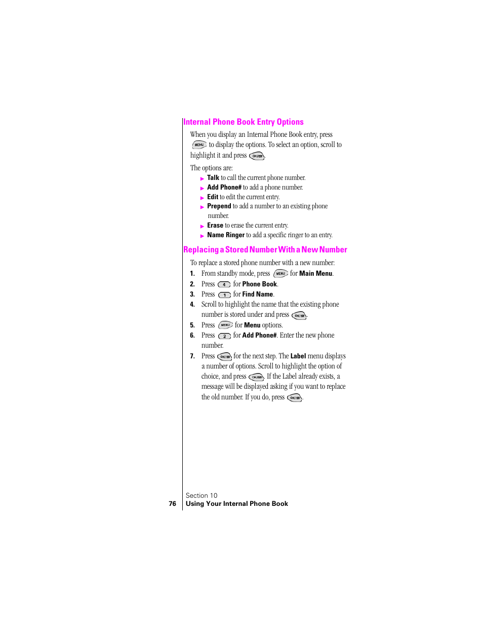 Internal phone book entry options, Replacing a stored number with a new number | Samsung SPH-N300 User Manual | Page 76 / 167