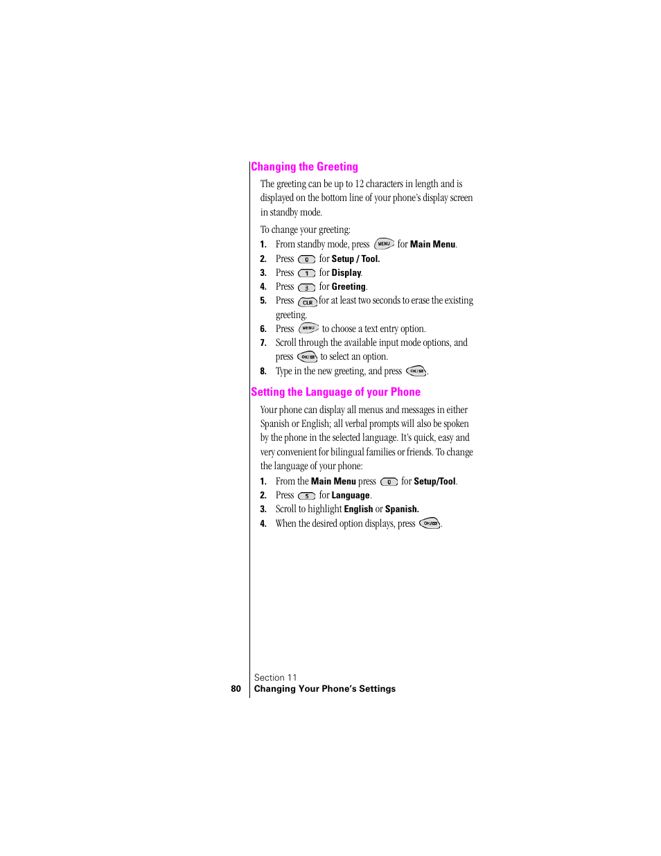 Changing the greeting, Setting the language of your phone | Samsung SPH-N300 User Manual | Page 80 / 167