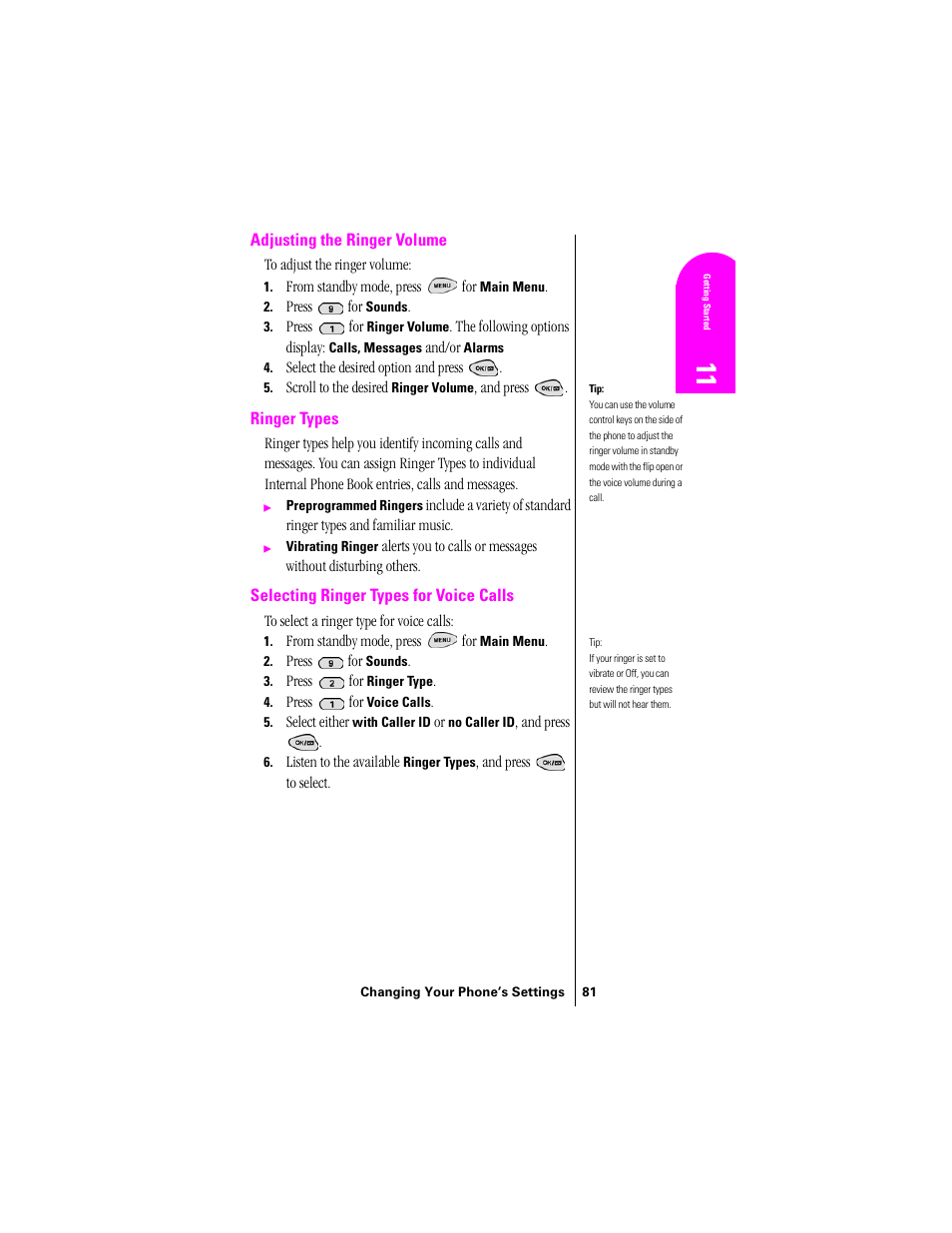 Adjusting the ringer volume, Ringer types, Selecting ringer types for voice calls | Samsung SPH-N300 User Manual | Page 81 / 167