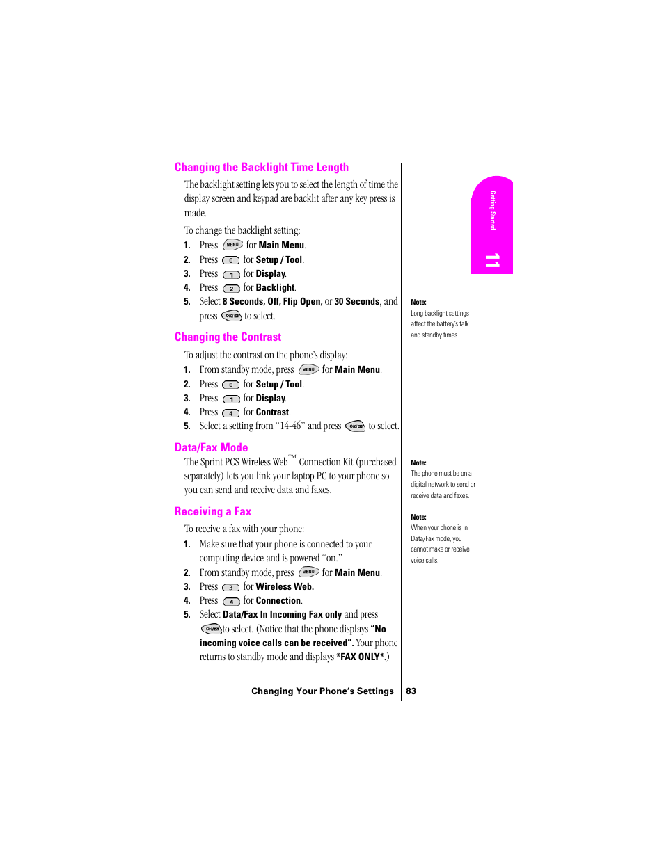 Changing the backlight time length, Changing the contrast, Data/fax mode | Receiving a fax | Samsung SPH-N300 User Manual | Page 83 / 167