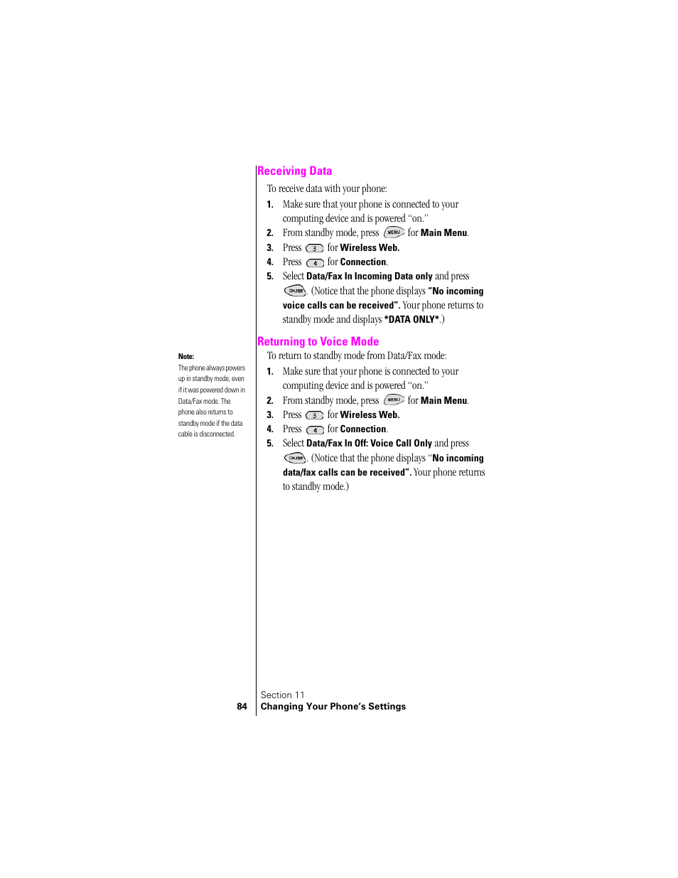 Receiving data, Returning to voice mode, Receiving data returning to voice mode | Samsung SPH-N300 User Manual | Page 84 / 167