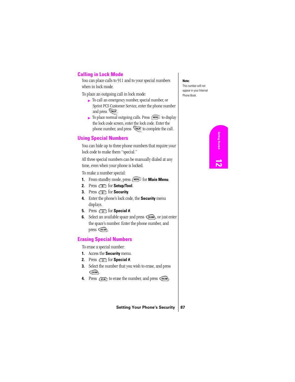 Calling in lock mode, Using special numbers, Erasing special numbers | Samsung SPH-N300 User Manual | Page 87 / 167