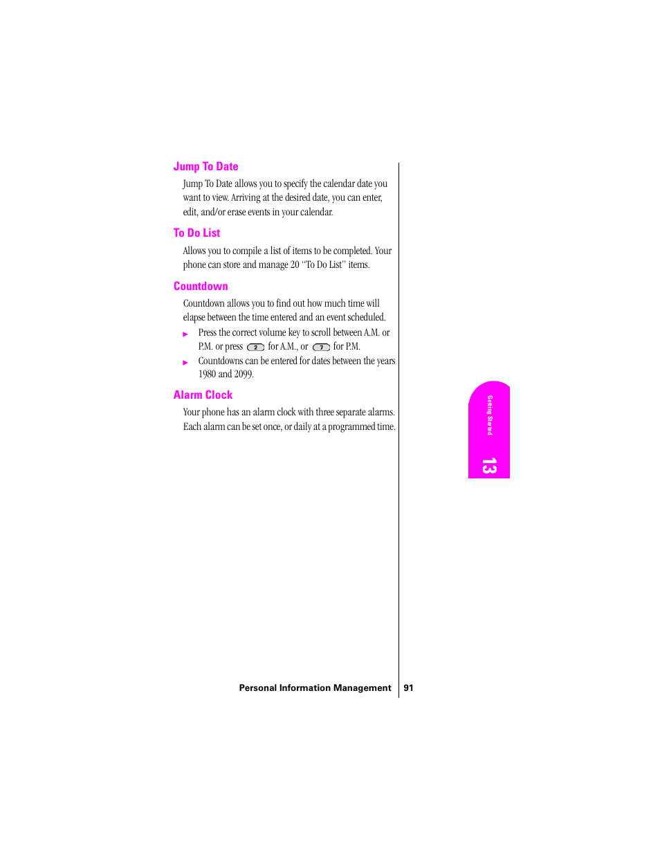 Jump to date, To do list, Countdown | Alarm clock, Jump to date to do list countdown alarm clock | Samsung SPH-N300 User Manual | Page 91 / 167