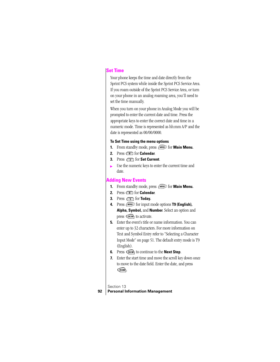 Set time, To set time using the menu options, Adding new events | Set time adding new events | Samsung SPH-N300 User Manual | Page 92 / 167