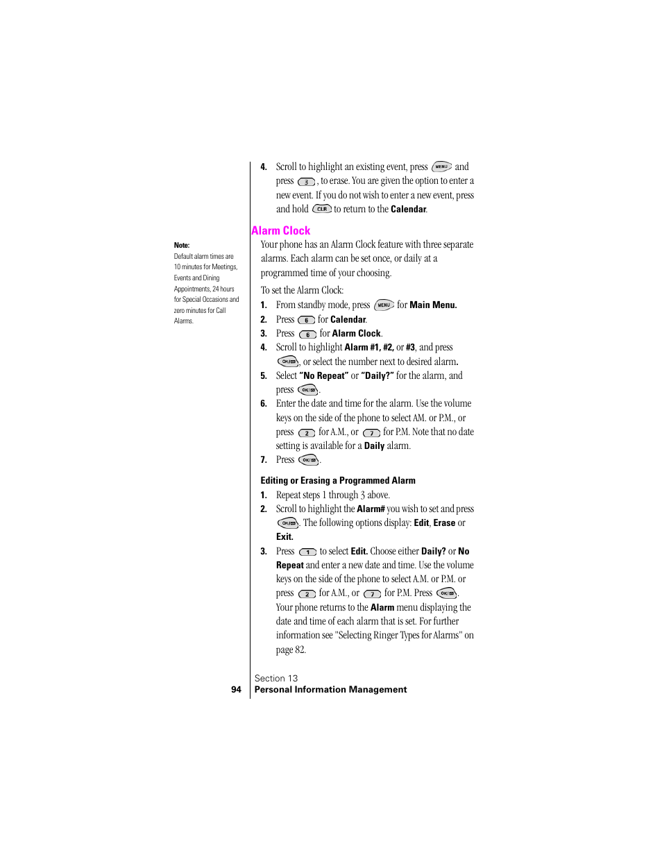 Alarm clock, Editing or erasing a programmed alarm | Samsung SPH-N300 User Manual | Page 94 / 167