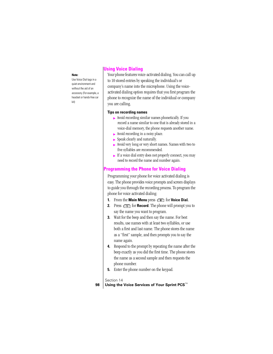 Using voice dialing, Programming the phone for voice dialing | Samsung SPH-N300 User Manual | Page 98 / 167