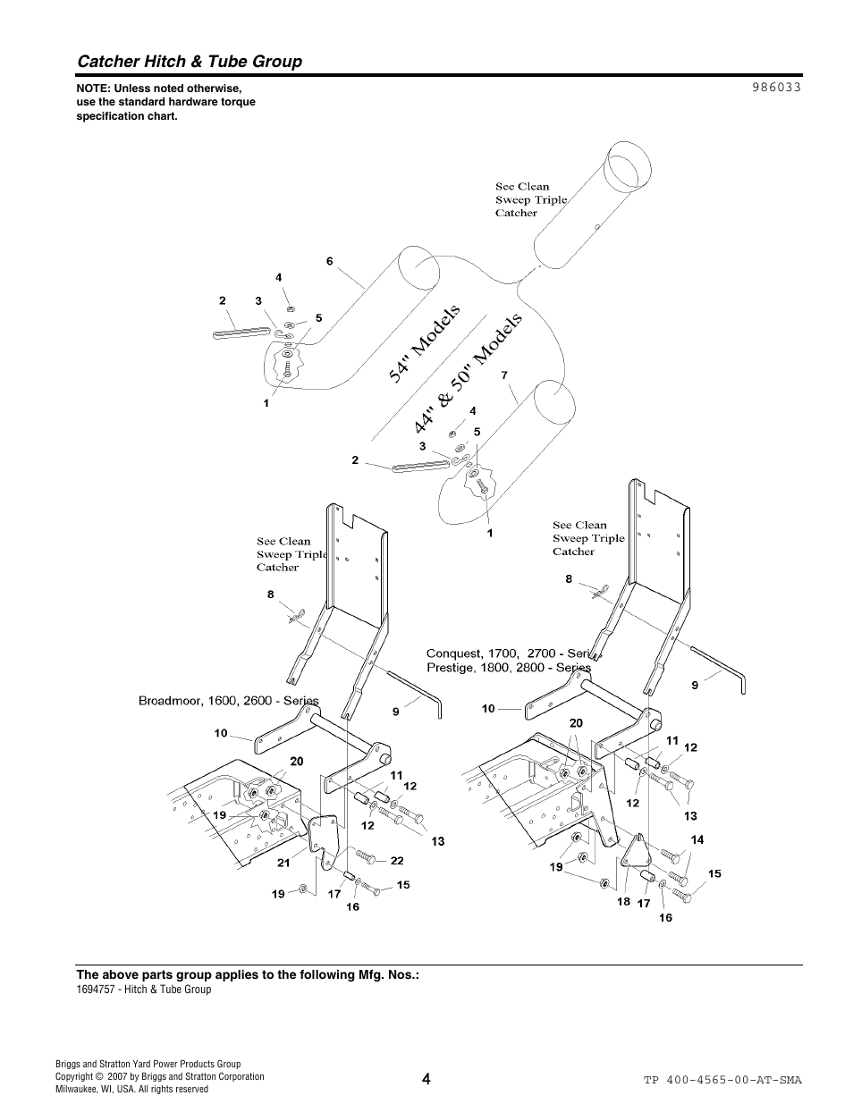 Catcher hitch & tube group | Snapper 4565 User Manual | Page 4 / 8