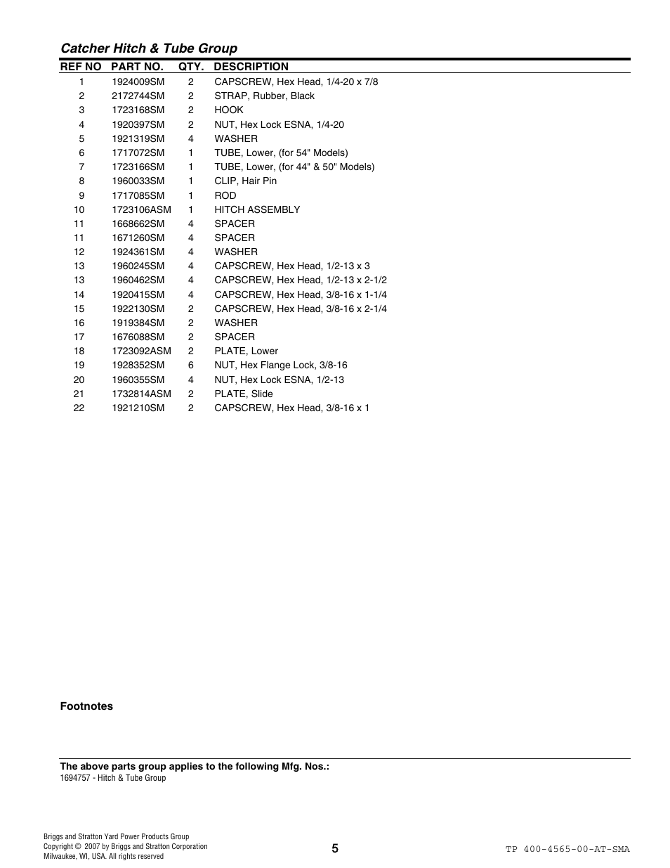Catcher hitch & tube group | Snapper 4565 User Manual | Page 5 / 8
