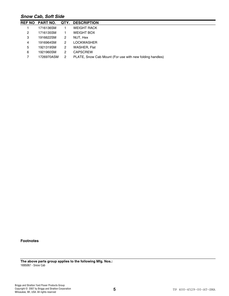 Snow cab, soft side | Snapper 4529 User Manual | Page 5 / 8