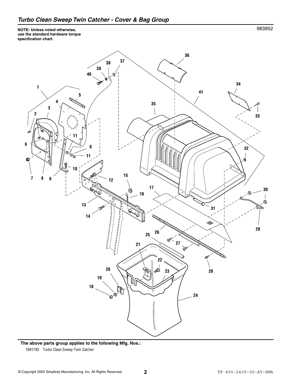 Turbo clean sweep twin catcher - cover & bag group | Snapper 2439 User Manual | Page 2 / 8