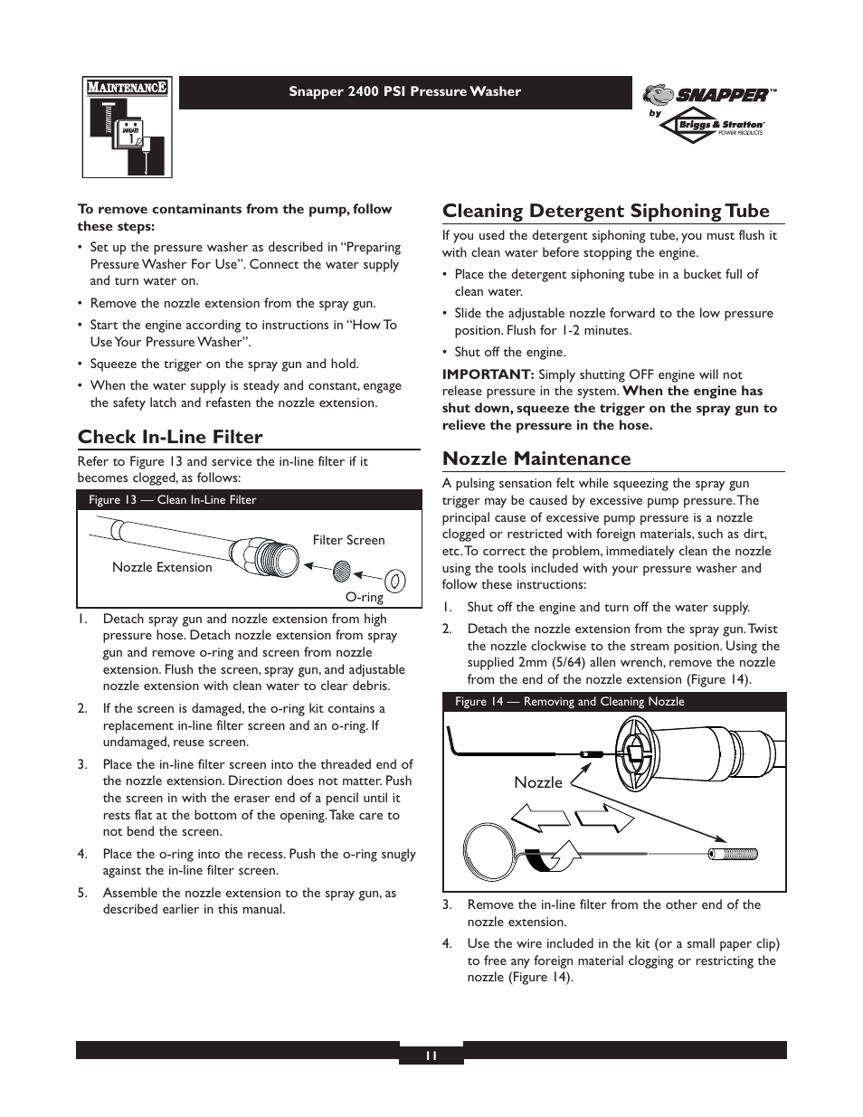 Check in-line filter, Cleaning detergent siphoning tube, Nozzle maintenance | Snapper 1660-0 User Manual | Page 11 / 20