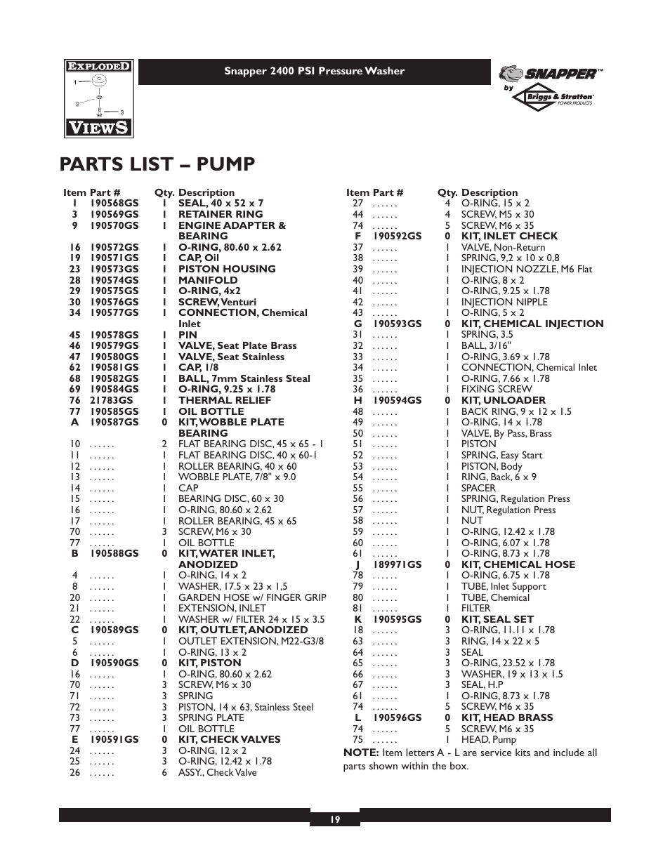 Parts list – pump | Snapper 1660-0 User Manual | Page 19 / 20
