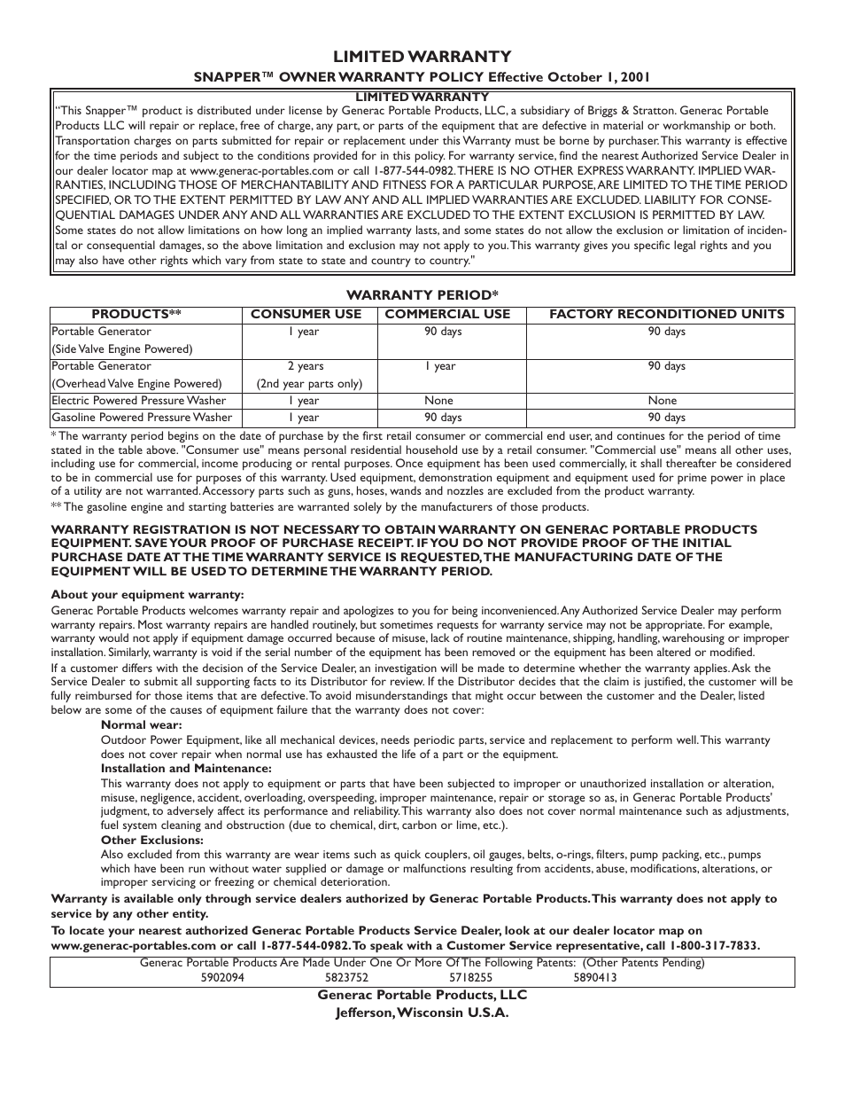 Limited warranty | Snapper 1660-0 User Manual | Page 20 / 20