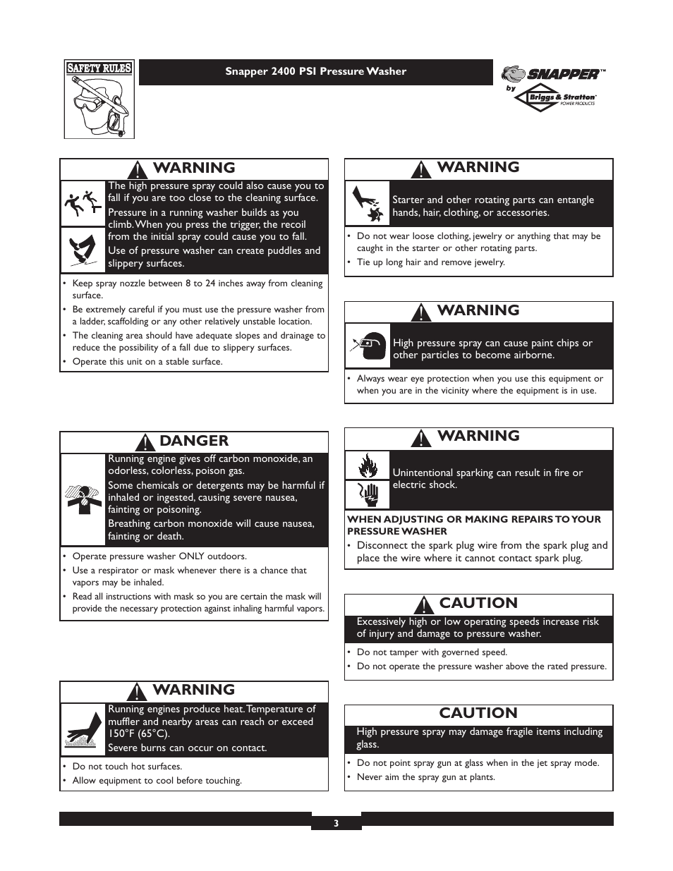Danger, Warning, Caution | Snapper 1660-0 User Manual | Page 3 / 20
