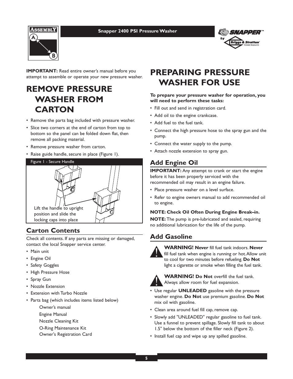 Remove pressure washer from carton, Preparing pressure washer for use, Carton contents | Add engine oil, Add gasoline | Snapper 1660-0 User Manual | Page 5 / 20