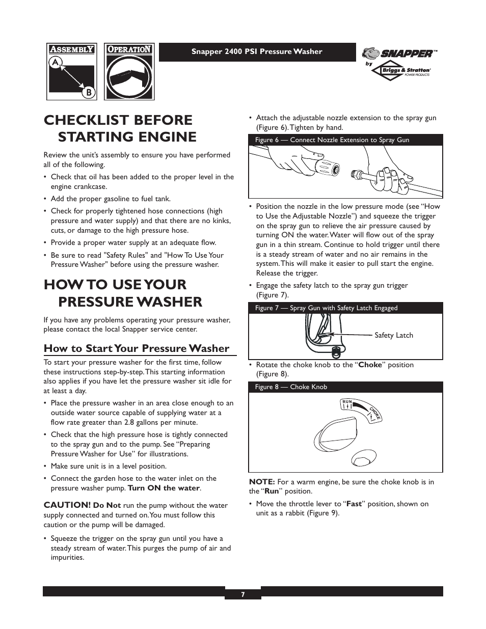 Checklist before starting engine, How to use your pressure washer, How to start your pressure washer | Snapper 1660-0 User Manual | Page 7 / 20