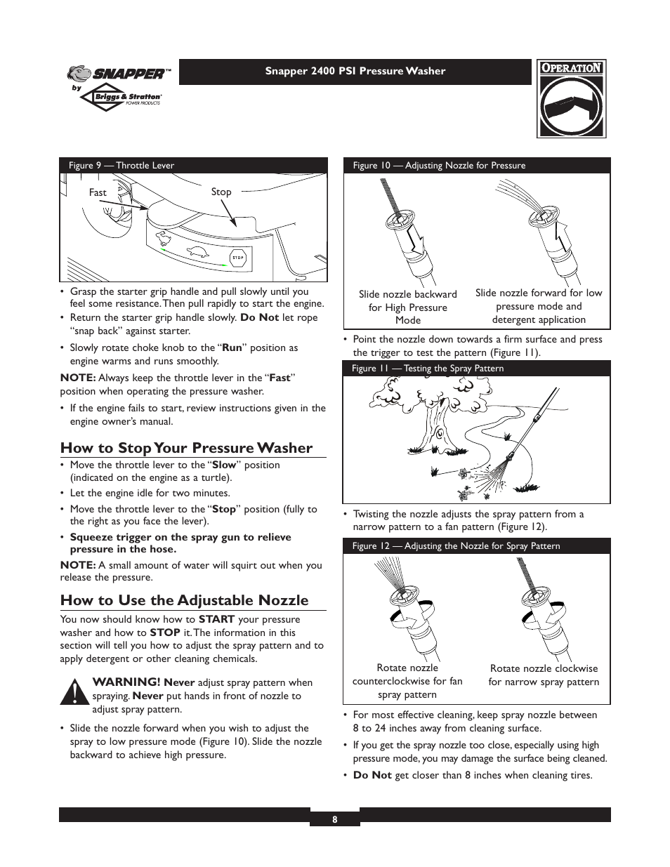 How to stop your pressure washer, How to use the adjustable nozzle | Snapper 1660-0 User Manual | Page 8 / 20