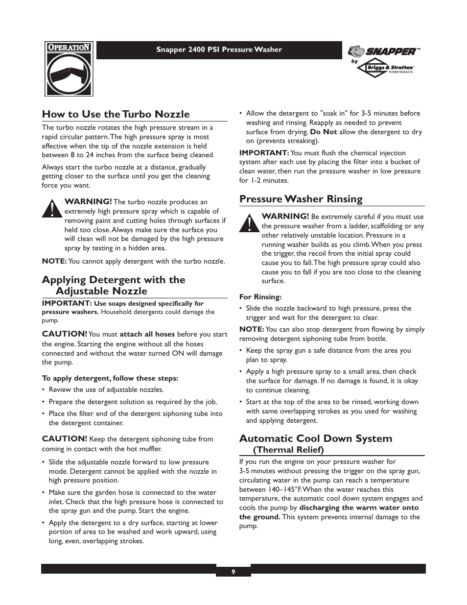 How to use the turbo nozzle, Applying detergent with the adjustable nozzle, Pressure washer rinsing | Automatic cool down system | Snapper 1660-0 User Manual | Page 9 / 20