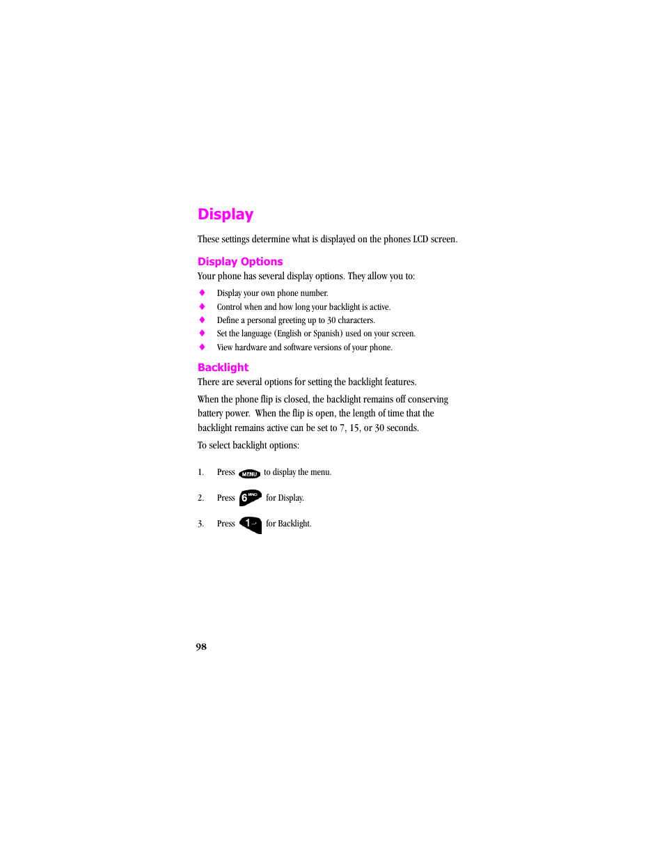 Display, Display options, Backlight | Press to display the menu | Samsung SCH-T300 User Manual | Page 100 / 180