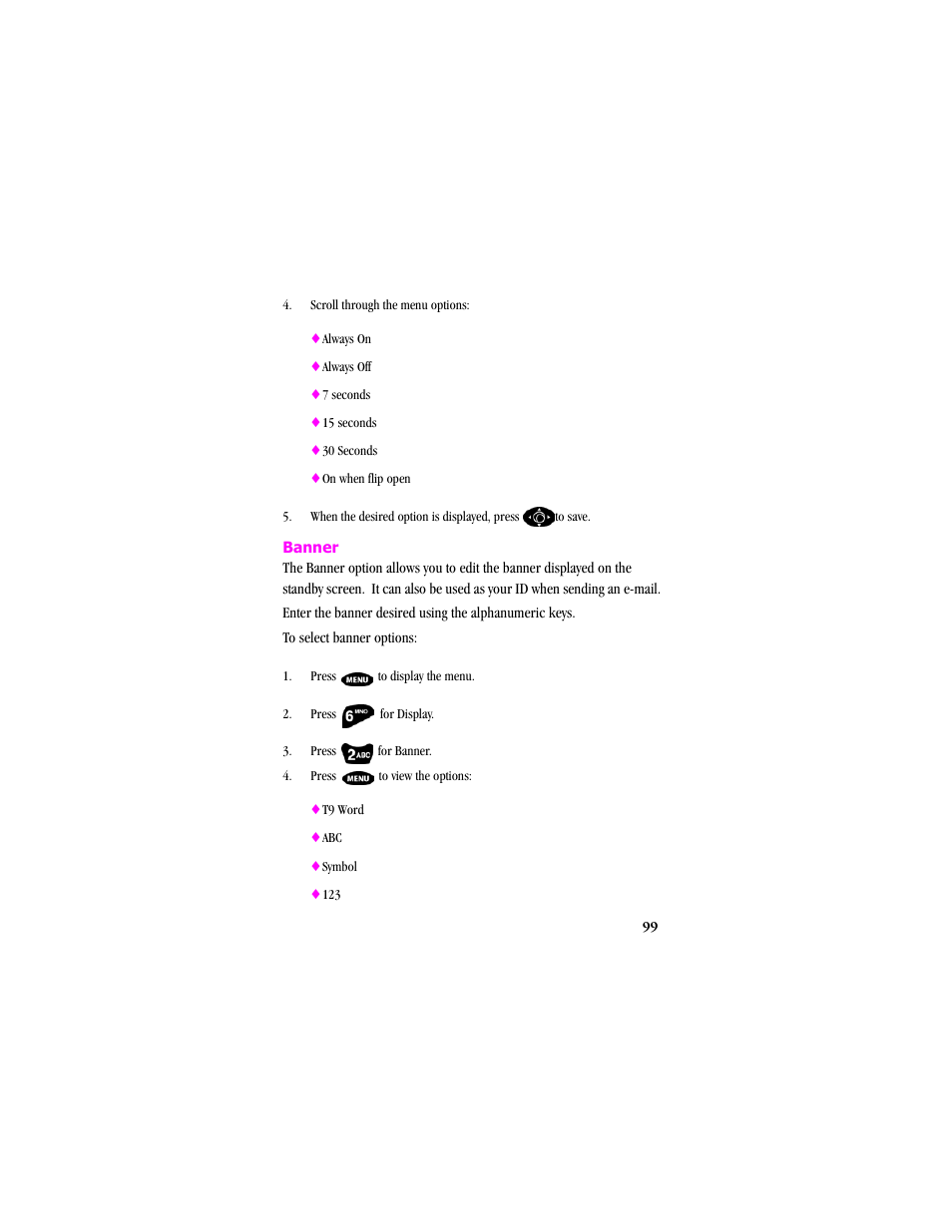 Banner, Press to display the menu | Samsung SCH-T300 User Manual | Page 101 / 180