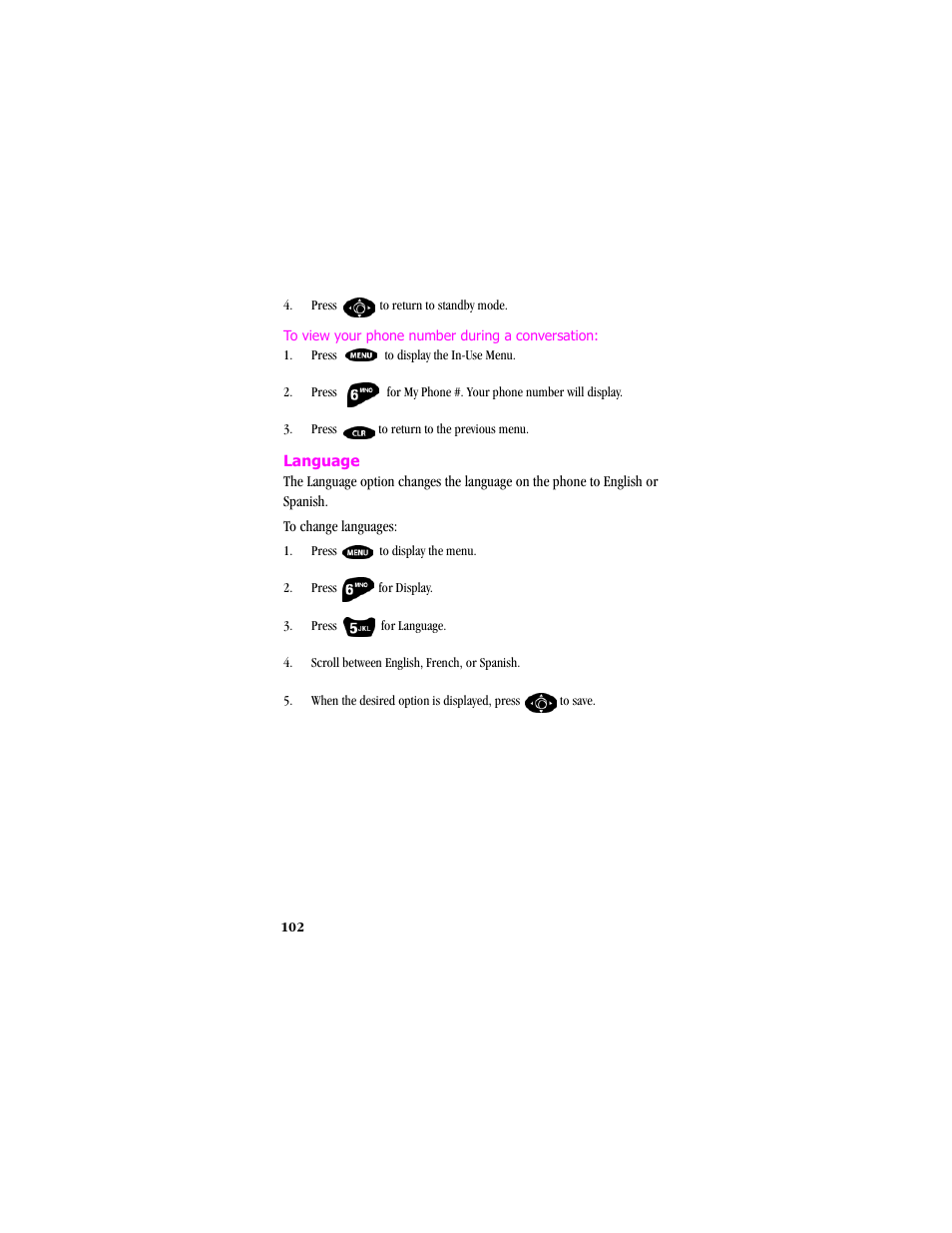 Language, To view your phone number during a conversation | Samsung SCH-T300 User Manual | Page 104 / 180