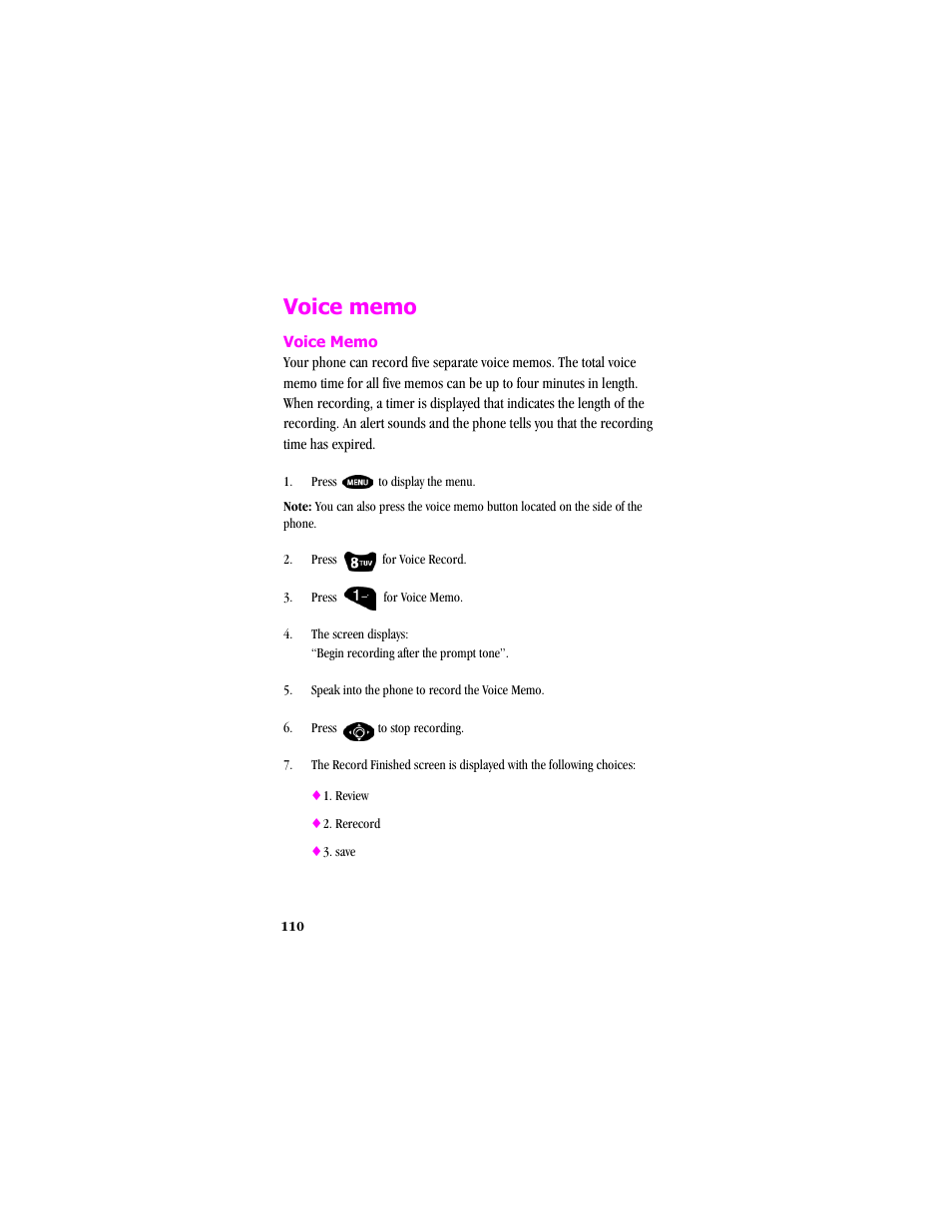 Voice memo, Voicememo, Press to display the menu | Samsung SCH-T300 User Manual | Page 112 / 180