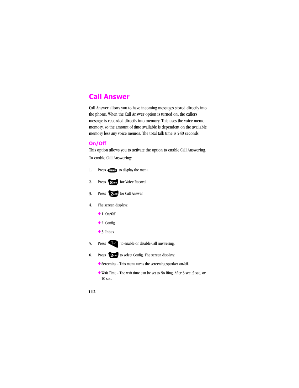 Call answer, On/off, Press to display the menu | Samsung SCH-T300 User Manual | Page 114 / 180